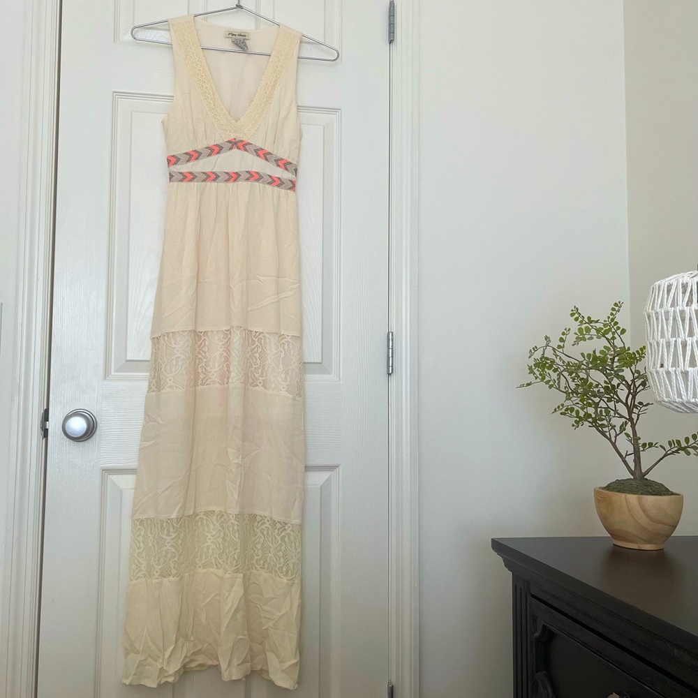 Boho lace maxi cream beige dress women size xs